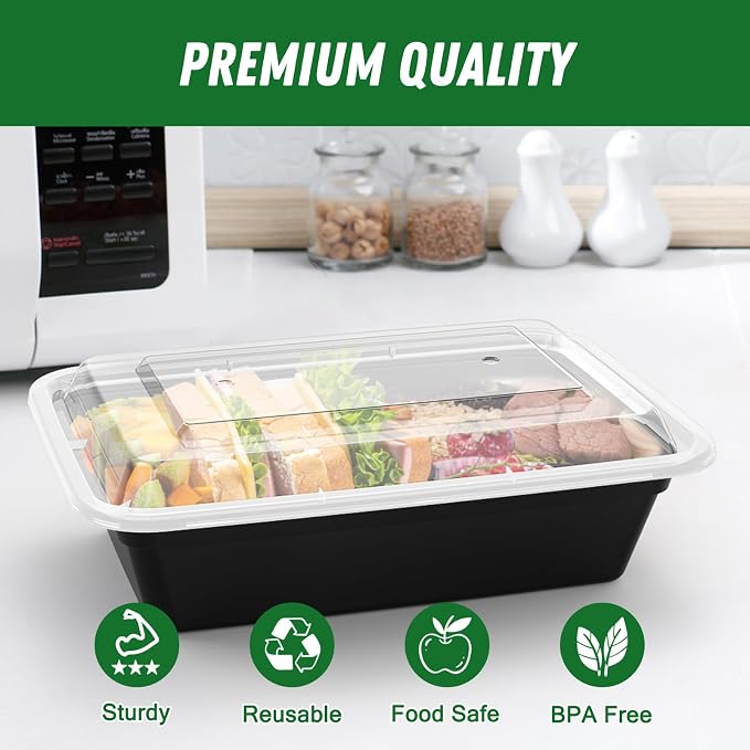 Dealusy 50 Pack (100-Piece) 38 oz Meal Prep Containers Reusable with Lids | Sturdy Leakproof & Food Safe, Microwave, Freezer, Dishwasher Safe Prep Containers, To Go Take Out Plastic Food Storage