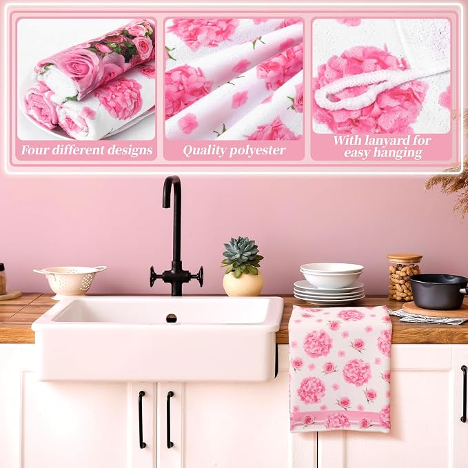 Leinuosen 8 Pcs Pink Rose Kitchen Towels and Dishcloths Sets Oven Mitts and Pot Holders Sets Absorbent Kitchen Gloves Potholders Heat Resistant for Chef Baking Cooking House Decorative Accessories