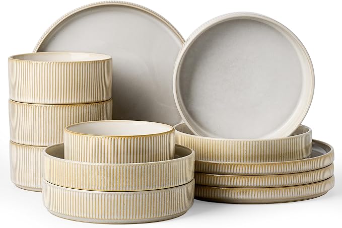 Famiware Star Stoneware Dinnerware Set, 12pc Dishes for 4, Cappuccino White | Dinner Plates, Pasta Bowls, Cereal Bowls, Dishes, Everyday & Party Use, Chip & Scratch Resistant, Microwave & Dishwasher Safe