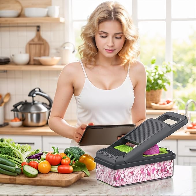 15-in-1 Vegetable Chopper 10 Blades, Veggie Cutter with Handle, Green/Grey | Stainless Steel Blades, Food Container and Lid, Dicer, Slicer, Julienne, Egg Separator, Non-slip Base, Include Cleaning Tools