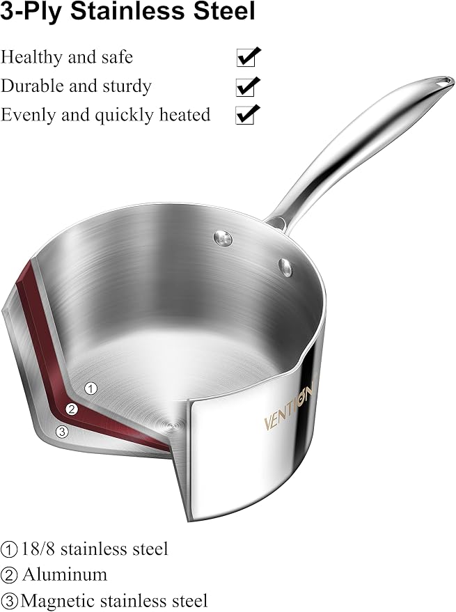 VENTION Tri-Ply Stainless Steel 1.4 Quart Induction Saucepan with Lid | Small Sauce Pan with Pour Spout, Small Cooking Pot for Tea and Milk