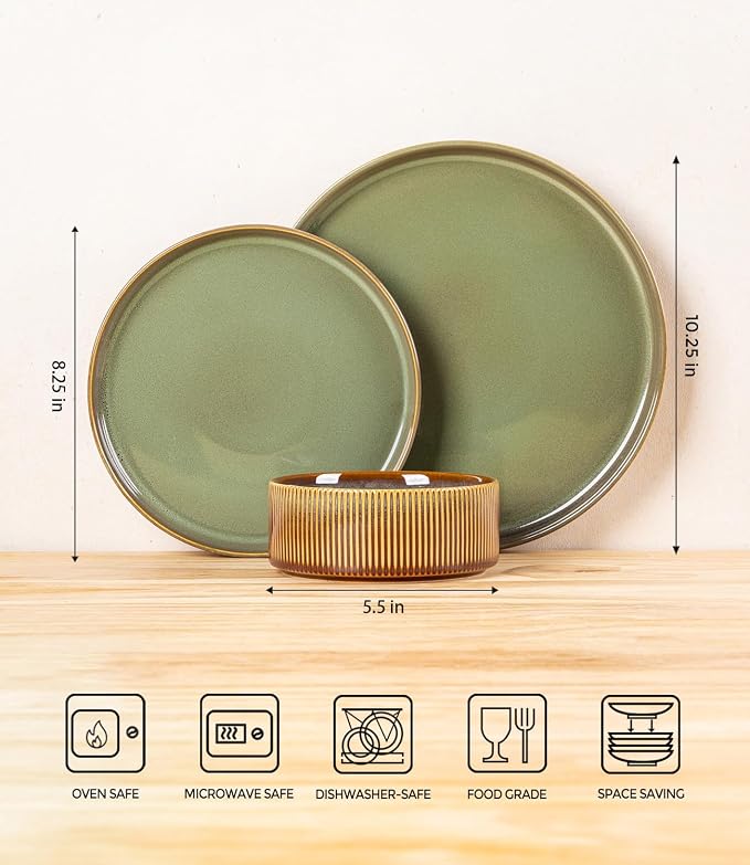 Ceramic Dinnerware Set for 4, 12-Piece Plates and Bowls Set | Lightweight Porcelain Dish Set, Scratch Resistant, Oven & Microwave & Dishwasher Safe, Sage Umber
