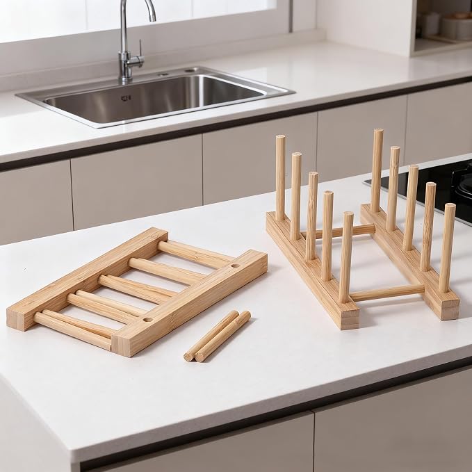 Kunovo Bamboo Dish Rack,Pot lid/Plate/Cutting Board Organizer for Kitchen cabinets,Bottle Drying Holder… (4G)