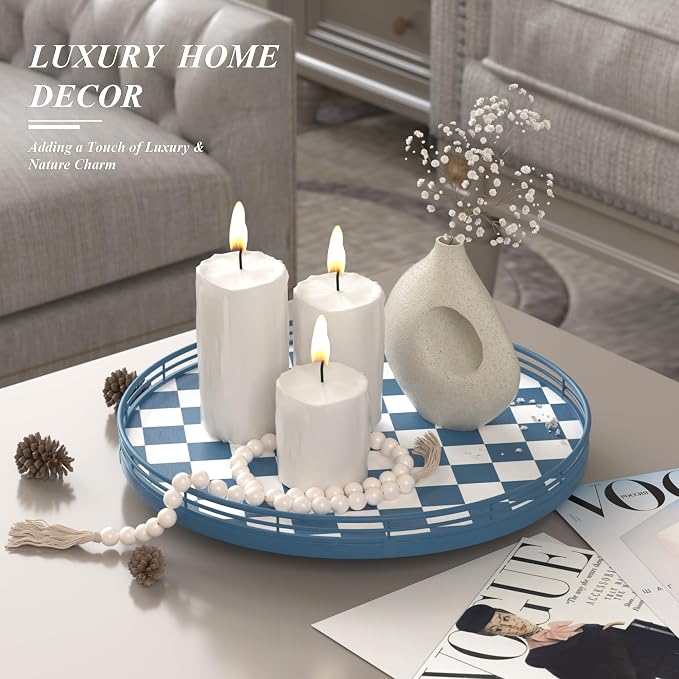 Blue and White Checkerboard Lazy Susan with Rubberwood Base and Metal Rail | Smooth rotating oak tray with walnut finish for dining tables, kitchen counters, pantries and cabinet storage.