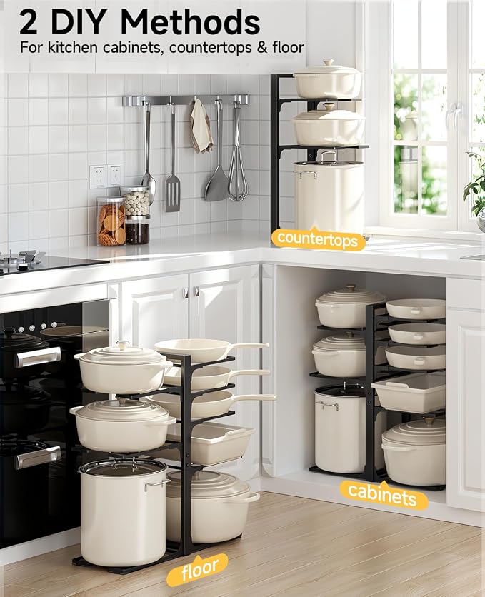 MUDEELA 8-Tier Pots and Pans Organizer under Cabinet, 20.8" H Heavy Duty | 120LBS capacity, 2 Installation Options, Heavy-duty pot rack holds cast-iron pans, skillets, griddles and shallow pot