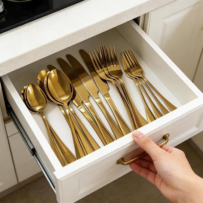 20 Piece Stainless Steel Flatware Set,Silverware Set for 4,include Forks,Knives,Spoons.Cutlery Utensil Set for Home,Kitchen,Party,Buffet,Banquet,Catering (Gold)