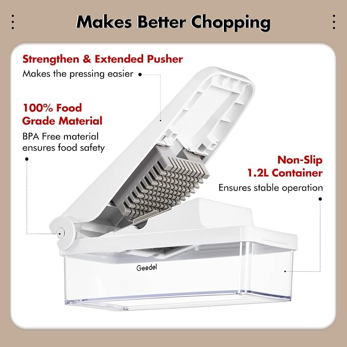 Geedel Vegetable Chopper with Container, 4 in 1 Food Chopper Veggie Slicer | Onion Chopper, 420 Stainless Steel, Safety Lock, Dishwasher Safe, No BPA, Cleaning Brush Included, for Vegetables, Cheese