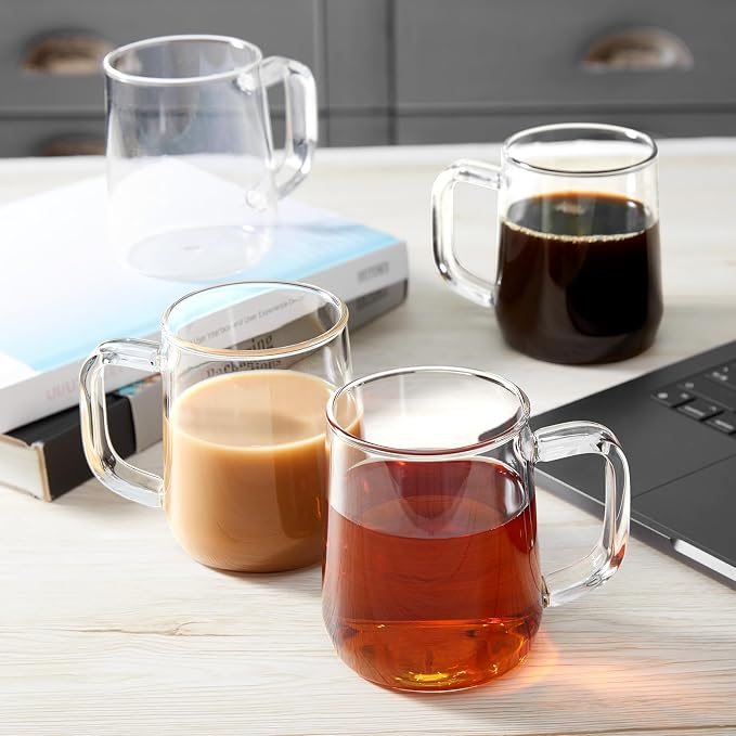Glass Coffee Mugs, 14 oz Glass Coffee Cups Set of 4, Clear Borosilicate Glass Mugs with Handles for Cappuccino, Tea, Latte, Hot/Cold Beverages, Wine, Americano