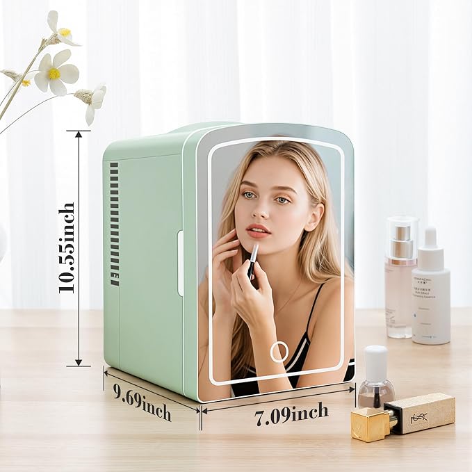 Mini Fridge, 4 Liter /6 Cans Makeup Fridge with Dimmable LED Mirror - Green | Compact Mini Skincare Fridge for Beauty & Beverages, Dual-use Portable Tiny Fridge for Bedroom, Desk, Office, Home, Car, Gift