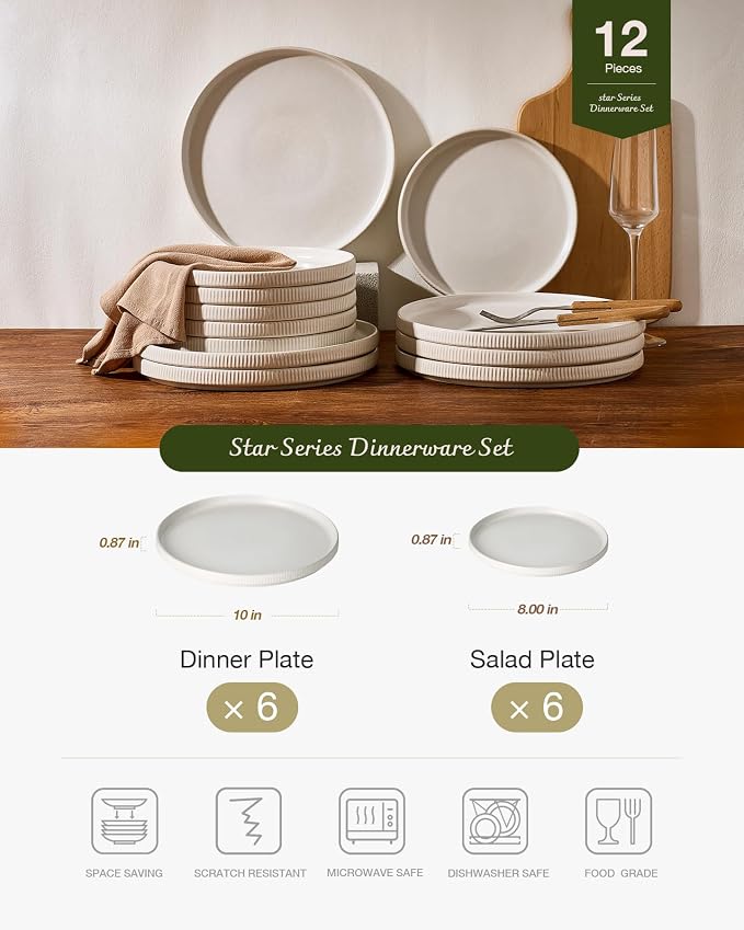 Famiware Star 12pc Stoneware Dinnerware Sets for 6-10.5" & 8" Flat Plates | Ceramic Dishes with Llipped Edges, Chip & Scratch Resistant, Microwave & Dishwasher Safe, Everyday Dining, Cappuccino White