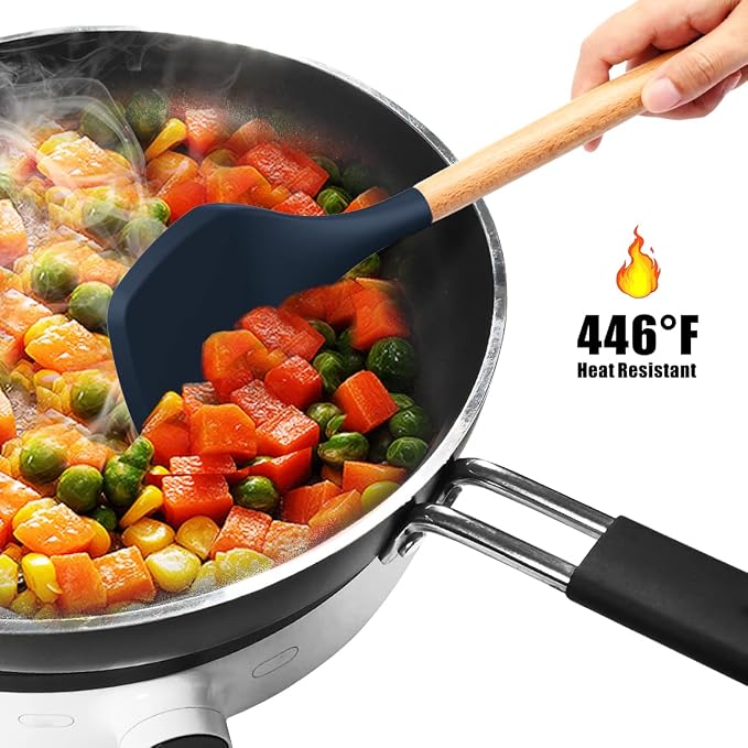 oannao Silicone Cooking Utensils Set - 446°F Heat Resistant Silicone Kitchen Utensils for Cooking,Kitchen Utensil Spatula Set w Wooden Handles, BPA FREE Gadgets for Non-Stick Cookware (Navy Blue)