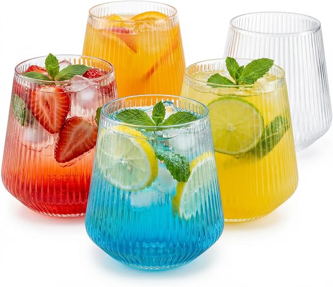 40 Pack Plastic Wine Glasses, 12 Oz Disposable Cocktail Whiskey Glasses | Ribbed Stemless Champagne Margarita Glasses, Clear Unbreakable Reusable Plastic Cups for Party Wedding Birthday