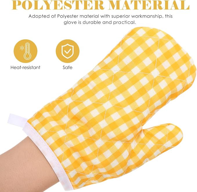 2Pcs Oven Mitts for Play Kitchen, Anti- Scald Gloves Microwave Oven Gloves Kitchen Mitts for Safe Baking Cooking (Yellow Checkered)