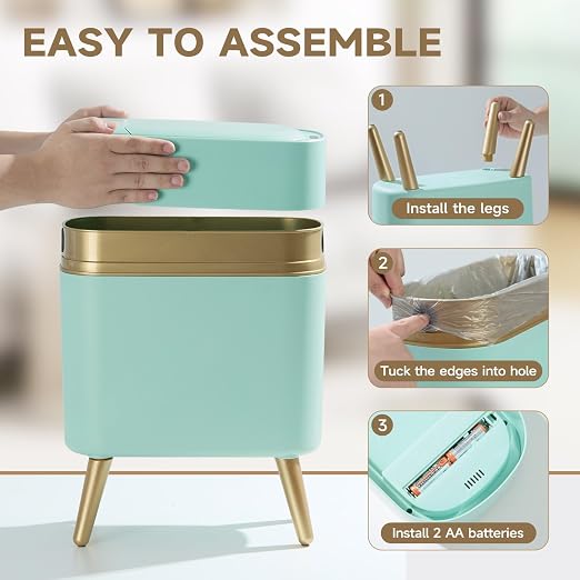 Touchless Bathroom Trash Can with Lid, Cute Tall Green Wastebasket | Waterproof,Narrow,Automatic,Convenient and Hygienic Easy to Use，2.6 gallon Small Garbage bin for Bedroom, Office，Living Room