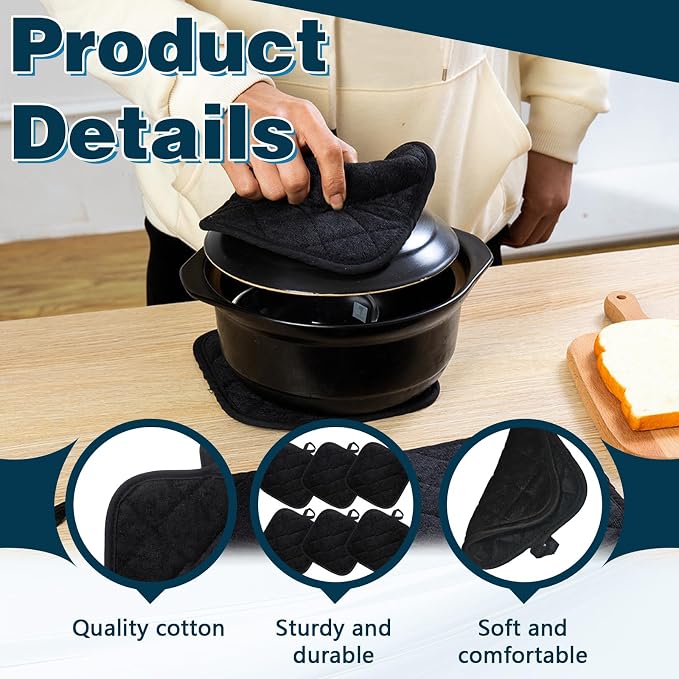 6pcs Pot Holders for Kitchen, Cotton Kitchen Hot Pads, Heat Resistant Oven Mitts and Pot Holders Sets (Black,6)