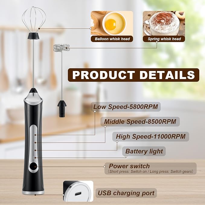 Handheld Electric Milk Frother with 2 Heads, Coffee Whisk Foam Mixer with USB Rechargeable 3 Speeds, Foam Maker Blender for Latte, Cappuccino, Hot Chocolate, Egg