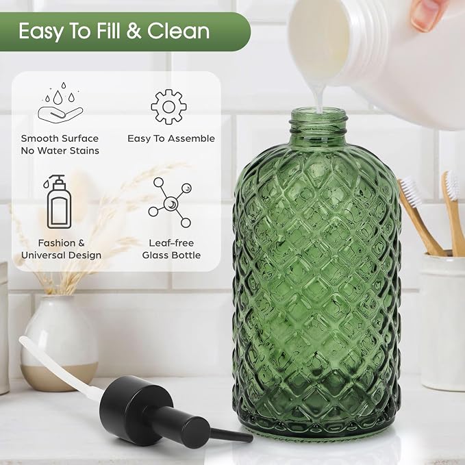 Topsky Gem Glass Soap Dispenser with Black Plastic Pump, 13oz Liquid Hand Soap Dispenser, Rustproof Pump for Kitchen & Bathroom, Great for Lotions, Essential Oil, Liquid Soaps-Army Green