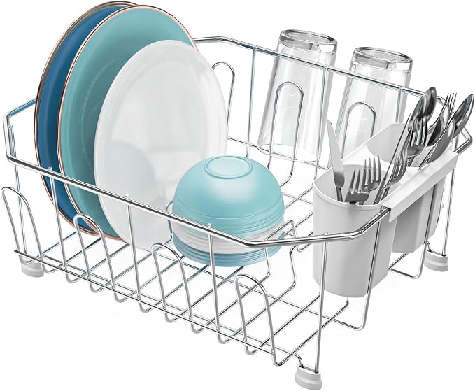 Small in Sink Dish Drying Rack - Stainless Steel for RV Kitchen | Compact Design for Apartments, Angled Corners Fit Square & Round Sinks, Utensil Holder, Cup Hooks, 1-2 Person, 11.6" x 13.4"