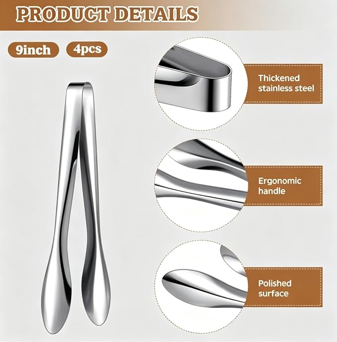 4 Pack Polished Stainless Steel Serving Tongs 9 Inch Metal Food Silver Tong for Buffet Salad BBQ Grilling Heavy Duty Kitchen Utensils for Cooking Catering Wedding Party
