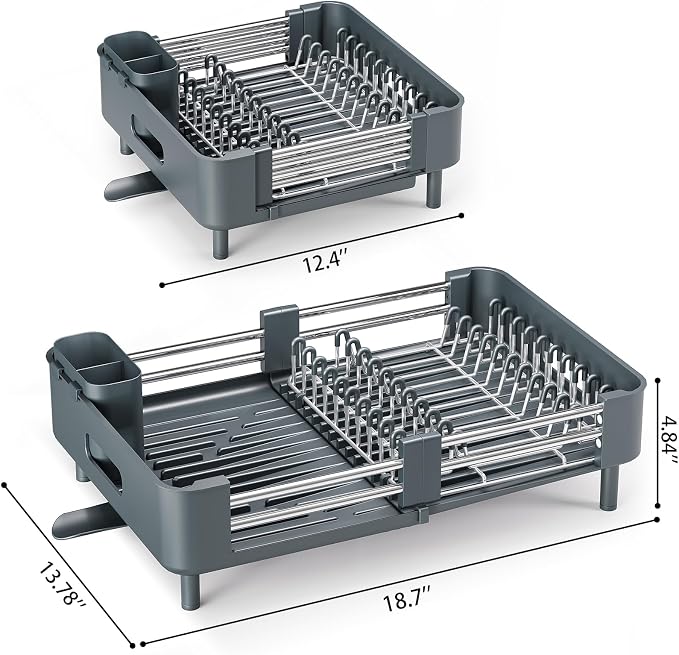 Urackify Extendable Stainless Dish Drying Rack for Kitchen Counter | 13.78"W x 18.7"L, Foldable Drainboard for Space Saving, Knife and Utensil Holder, Fast-draining Spout, Dark Slate Teal