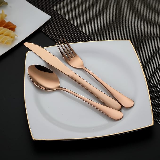 DEVICO Camping Utensils, Full-Size Travel Silverware Set with Case for Work | 8Pcs Stainless Steel Travel Cutlery Set, Portable Metal Straws Chopsticks Fork Spoon Knife Set for Lunch Box/School,Rose Gold