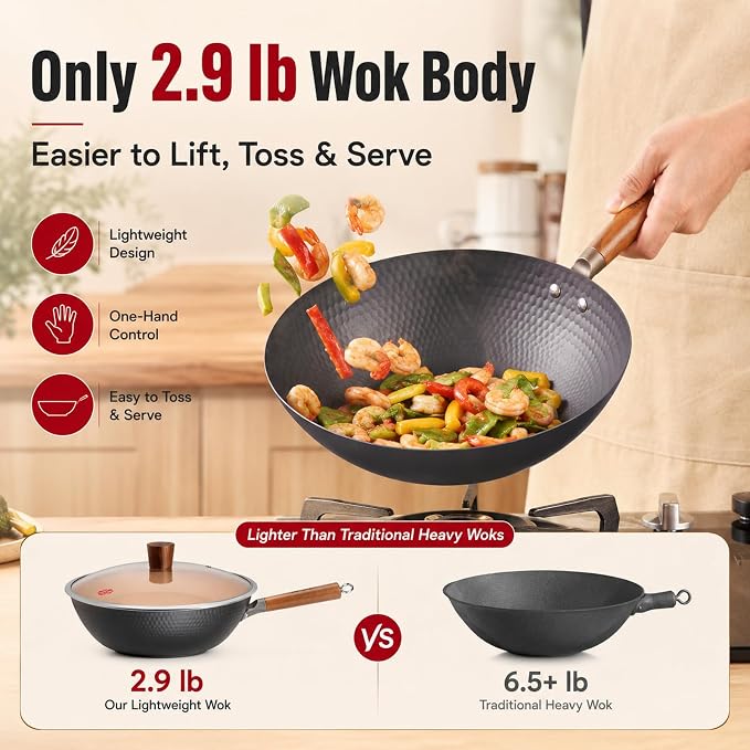WANGYUANJI Lightweight Carbon Steel Wok Pan with Lid, 12.6" Flat Bottom Stir Fry Wok for Induction, Electric & Gas Stoves, 2.9 lb Wok Body, Pre-Seasoned Nitrided Wok, No Chemical Coating