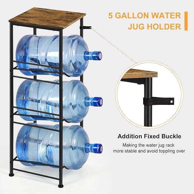 OYEAL 5 Gallon Water Bottle Jug Holder 3-Tier Water Bottle Holder Organizer with Top Shelf, Heavy Duty Water Dispenser Stand Rack for Kitchen Living Room Office, Rustic Brown