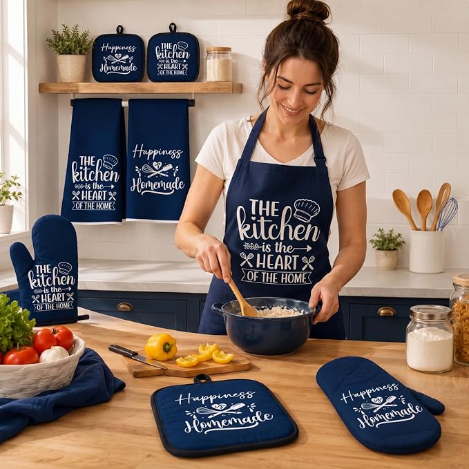 Sratte 6 Pcs Kitchen Decor Accessories Set, Kitchen, Blue | Farmhouse Kitchen Towels Pot Holders Oven Mitts Set 2 Dish Towels 2 Potholders 2 Cooking Mittens for Baking Cooking Supply