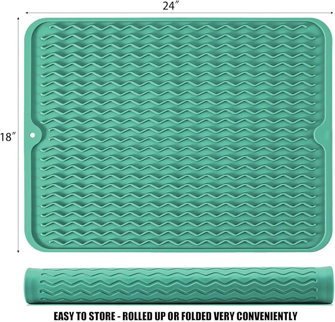 Silicone Dish Drying Mat, Non-Slip Easy Clean Sink Mat, Green, 24" x 18" | Quick-Dry Ridges, Large Heat-resistant Dish Drainer Mat for Kitchen Counter, Hangable & Roll-Up for Storage, Dishwasher Safe