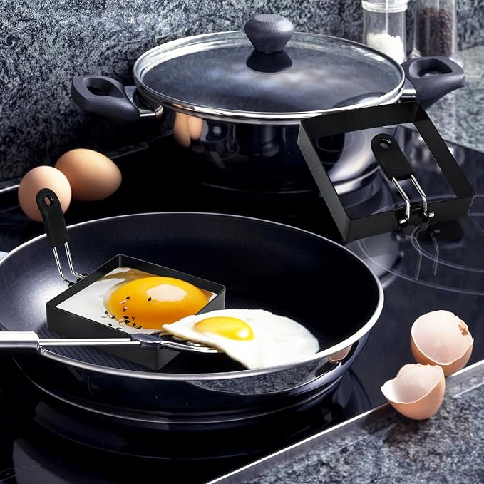 2-Pack 4'' Square Egg Rings Set with Silicone Handle, Stainless Steel Egg Cooking Rings，Nonstick，For Frying Eggs and English Muffins Pancake, Egg Mold Shaper For Breakfast