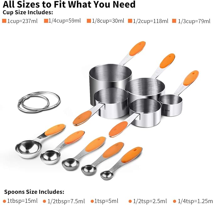 U-Taste Measuring Cups Spoons Set, 18/8 Stainless Steel, 10Pcs, Orange | Upgraded Thickened Handle, Reinforced Welded Joints, Nested Stackable Design, Metal Measure Set for Kitchen Baking Cooking