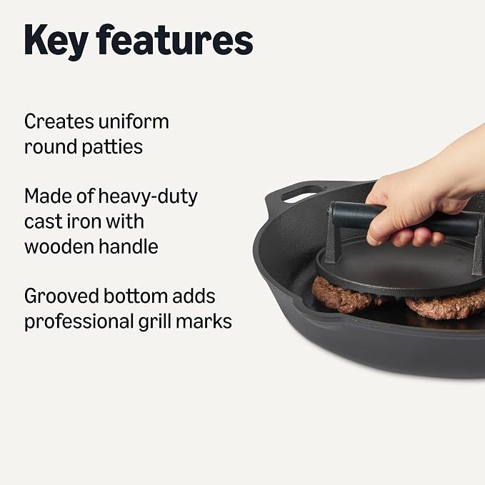 Amazon Basics Smash Burger Press, Cast Iron Bacon Press with Wooden Handle, Grooved Bottom for Grill Marks, Round 6.8-Inch, Black, 1-Pack