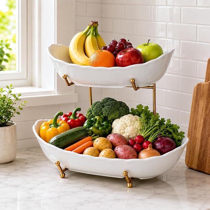 HBlife Large Tiered Fruit Bowl for Kitchen Counter - 2 Tier Ceramic Fruit Basket, Serving Trays for Party, Gold Rack