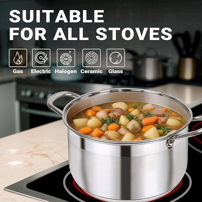 Kirecoo 12 Quart Stainless Steel Heavy Duty Stock Pot with Visible Lid | Heavy Duty, Even Heat, Thick Nonstick Base, Deep Cookware for Soup Pasta & Spaghetti, Ideal for Canning, Boiling & Simmering