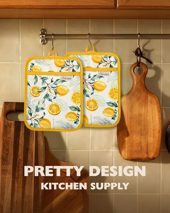 100% Cotton Pot Holders Textured Soft Silicone Grip Lemon | Stylish Pot Holders 2pcs, Machine Washable Non-Slip Heat Resistant Hot Pads & Oven Mitts 2-in-1, Practical Kitchen Decor