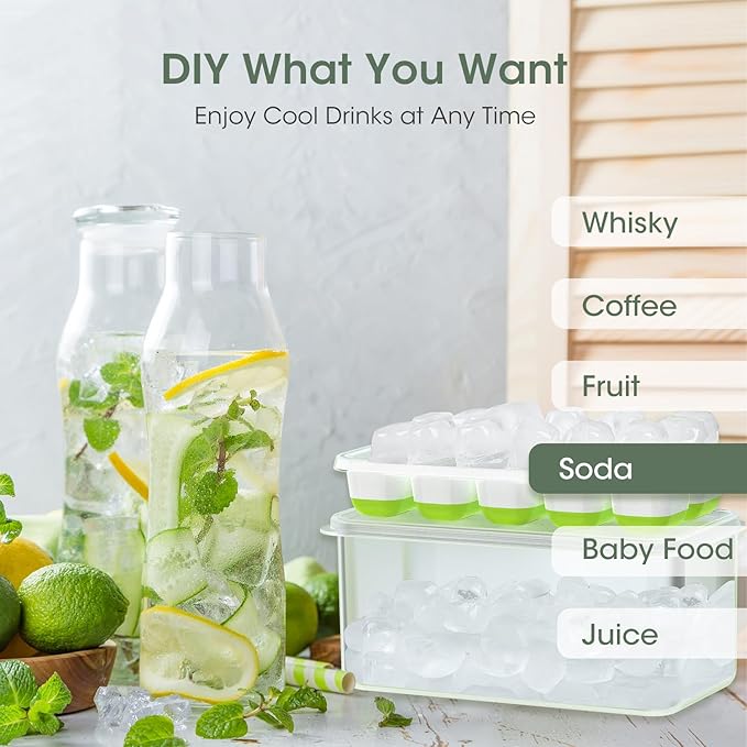 DOQAUS Ice Cube Tray with Lid and Bin,4 Pack Ice Cube Trays for Freezer | Silicone, Stackable. Easy Release Trays with Storage Bin & Scoop. Ideal for Freezer, Kitchen, RV, Cocktail, Coffee.