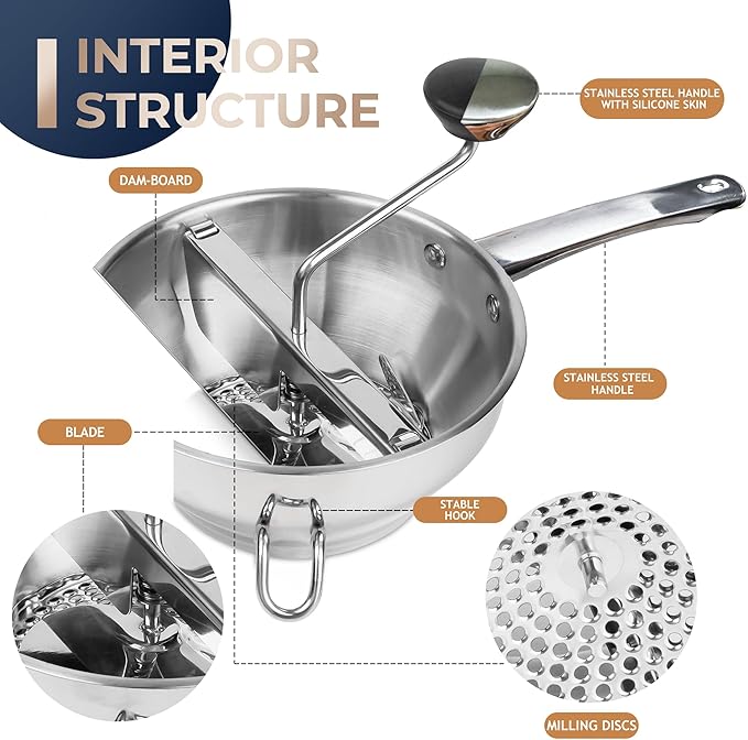 Stainless Steel Food Mills With 3 Milling Discs,Ergonomic design Of Rotary Food Mills For Tomato Sauce,Potatoes,Jams,Stainless Steel Handle and Dishwasher Safe,Includes Multifunctional Spoon