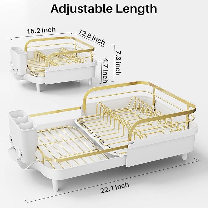 SNTD Expandable Dish Drying Rack for Kitchen Counter, 15.2-22.1 in, Gold | Rust-Resistant Stainless Steel, Protective Side Rails, Self-Draining Drainboard, Removable Utensil Holder