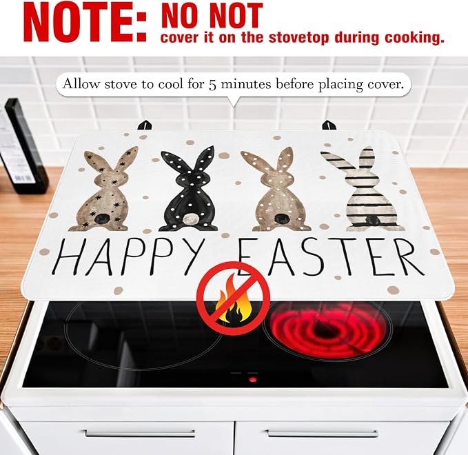 Happy Easter Glass Stove Top Covers for Electric Stove,Spring Rabbit Bunnies Polka Dots Heat Resistant Cooktop Protector Non-Slip Washable Dish Drying Mat Rug Pad for Kitchen Decor 28"x20"