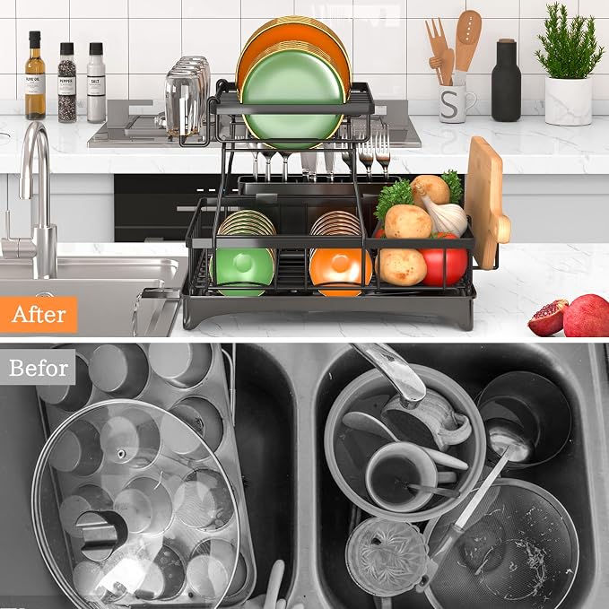 2-Tier Dish Drying Rack - Dish Rack with Auto Drain-to-Sink & Mat | Dish Racks for Kitchen Counter, Dish Drainer with Knife Fork & Cup Rack, Gifts for Women, Mothers Day, Kitchen Gadgets, Black