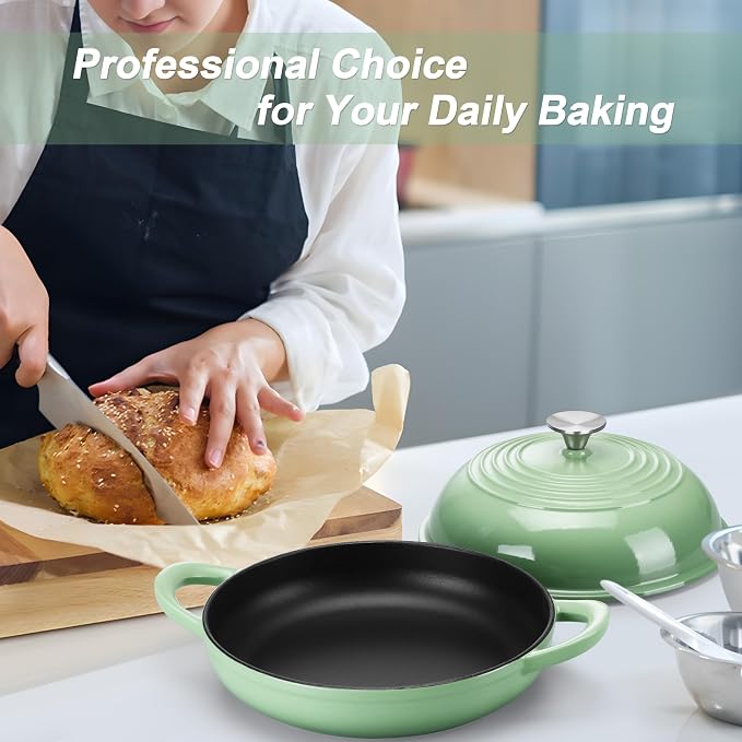 TeamFar Cast Iron Bread Dutch Oven, 6 Qt Enameled Dutch Oven Pot | for Bread Baking, with Tall Dome Lid & Round Base Pan, Self-Basting & Even-Heating, Heavy-Duty & Non-stick, Pistachio Green