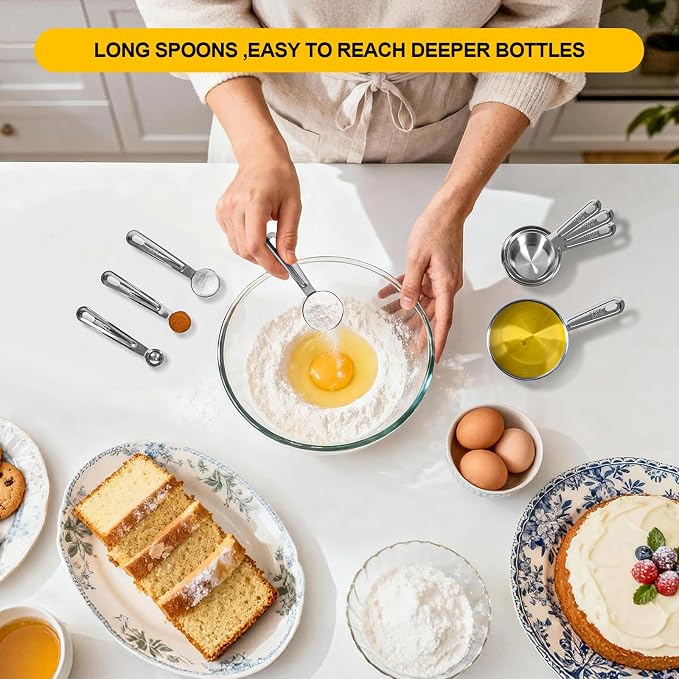 8 PCS Stainless Steel Measuring Cups and Spoons Set, Premium Measure Cups and Spoons Long Handle Stackable Measuring Cups for Kitchen Cooking & Baking, Dry & Liquid Dishwasher Safe