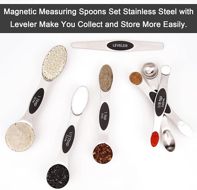 Aovchei 7 PCS Black Magnetic Measuring Spoons Set | Dual Sided, Stainless Steel Small Tablespoon, Teaspoons, Fits in Spice Jars, for Dry and Liquid