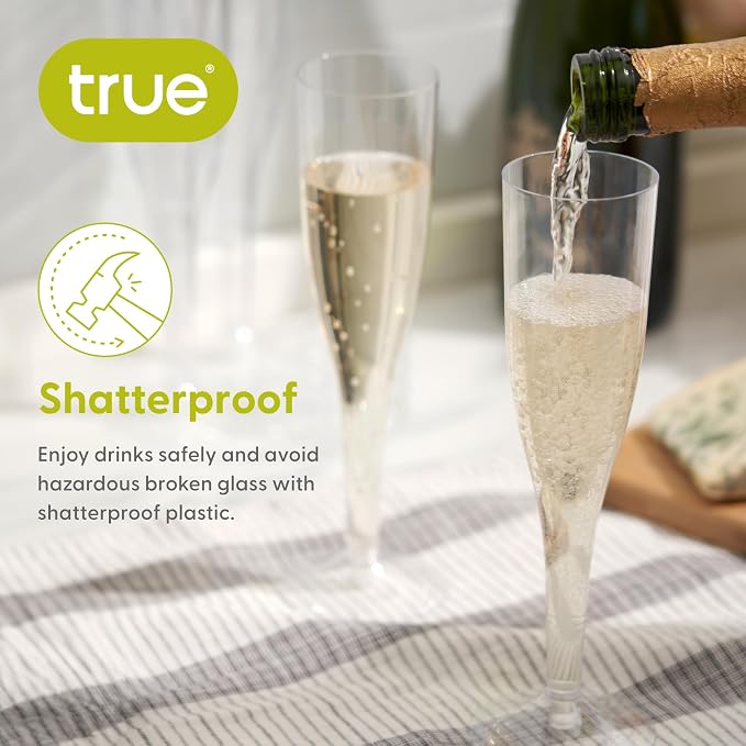 True Party Clear Plastic Champagne Flutes, Toasting Glass for Birthday, Wedding, Engagement, Reusable and Shatterproof Drinking Glasses for Holiday, Picnic, Dinner, Outdoor, Home Bar, 5.5 oz Set of 12