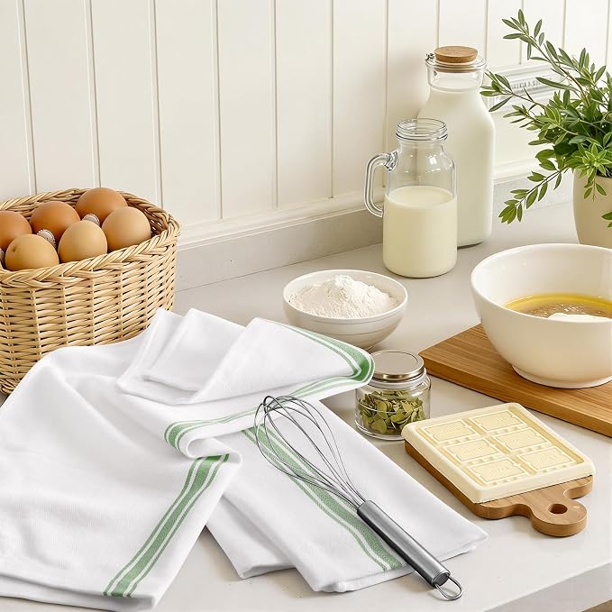 Homaxy 100% Ring Spun Cotton Kitchen Towels 12 Pack, Grass Green Stripe | 15 x 25 Inch, Highly Absorbent Dish Towels for Kitchen Drying, Reusable Cleaning Cloths, Soft Tea Towels with Hanging Loop
