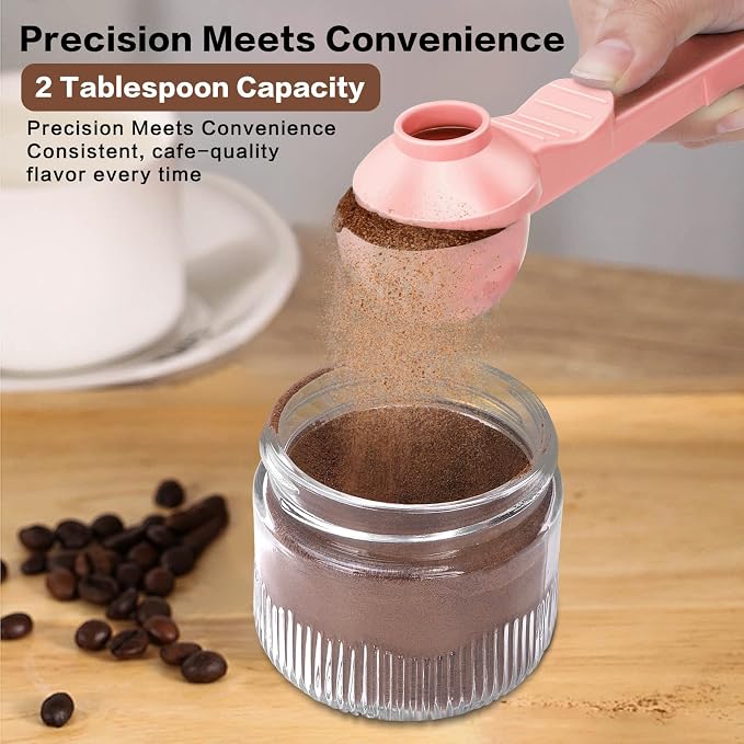 2-in-1 Coffee Scoop with Funnel, 2 Tbsp Measuring Spoon for Reusable K Cups, Ground Coffee, Protein Powder & Tea, Mess-Free Plastic Design（Pink-2pack）