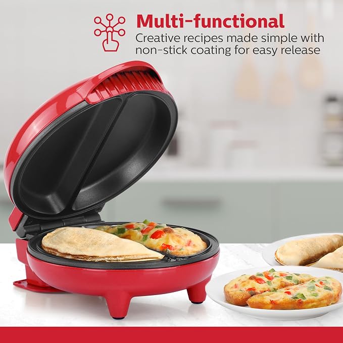 Holstein Housewares Stainless Steel 2 Section Omelet & Frittata Maker, Non Stick Coating, Easy To Clean, Indicator Lights, Compact Storage, Prepare Versatile Recipes in Minutes. 2 Portions, Red