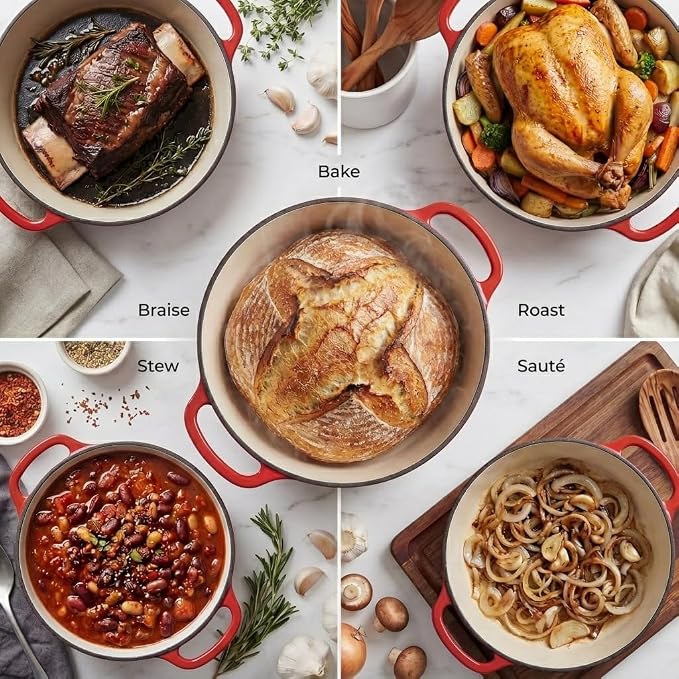 Zulay Kitchen 5 Quart Enameled Cast Iron Dutch Oven Pot with Lid – Premium Durability & Oven Safe up to 500°F – Heavy Duty Cookware Perfect for Bread Baking, Stews, Braising & Roasting – Ablaze Red
