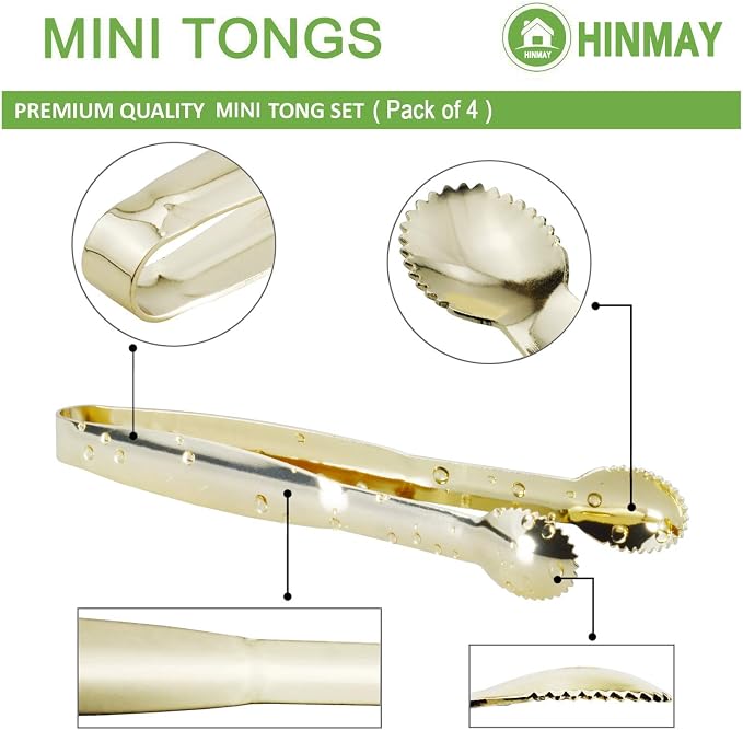 HINMAY Mini Appetizer Tongs 5.75" Stainless Steel Tongs, Set of 4 (Gold) | Small Tongs for Serving, Tea Party, Coffee Bar, Desserts