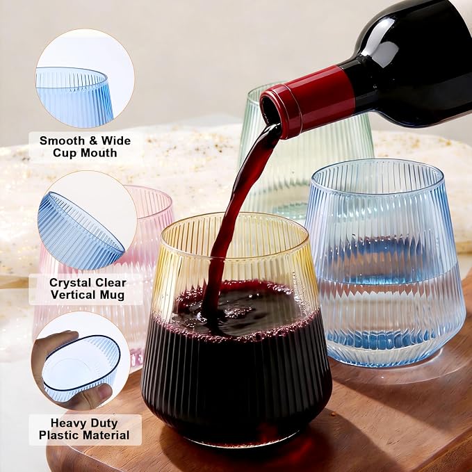 BESTSTAR 36 Pcs 12 oz Plastic Ribbed Wine Glasses,Origami Ripple Glasses | Disposable Champagne Glasses Elegant Whiskey Glasses Ideal for Weddings, Bars, Christmas, Pool Party, Daily Use(Multi-Color)